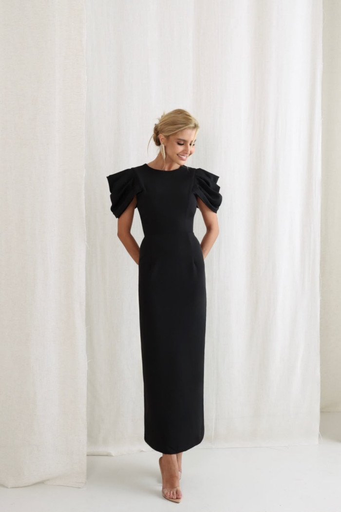VESTIDO VALENTINA LONGUETE MANGA DRAPEADA - PRETO