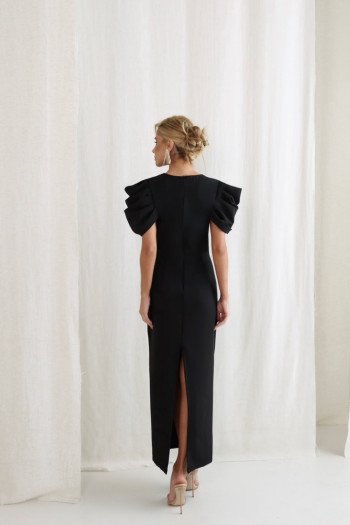 VESTIDO VALENTINA LONGUETE MANGA DRAPEADA - PRETO