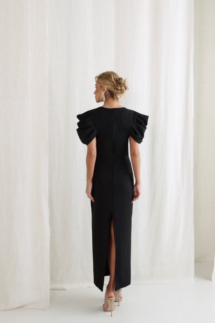 VESTIDO VALENTINA LONGUETE MANGA DRAPEADA - PRETO