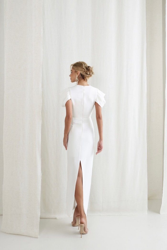 VESTIDO VALENTINA LONGUETE MANGA DRAPEADA - OFF WHITE