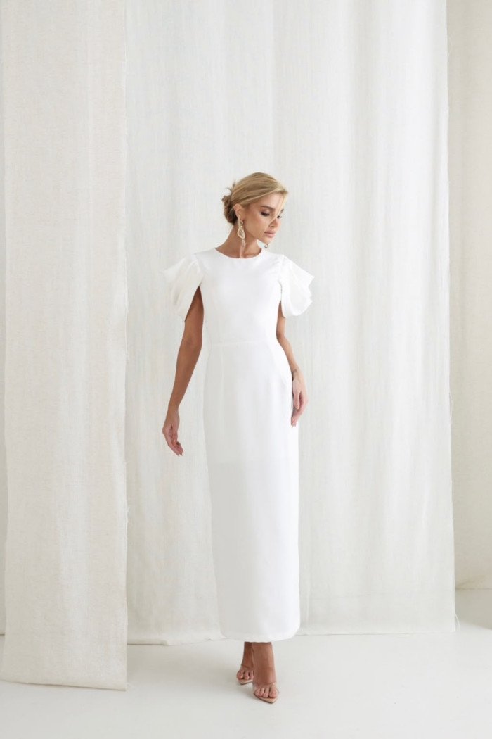 VESTIDO VALENTINA LONGUETE MANGA DRAPEADA - OFF WHITE