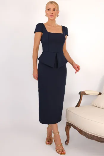 VESTIDO MIDI MAVIE TUBINHO MANGA CURTA PEPLUM - AZUL MARINHO