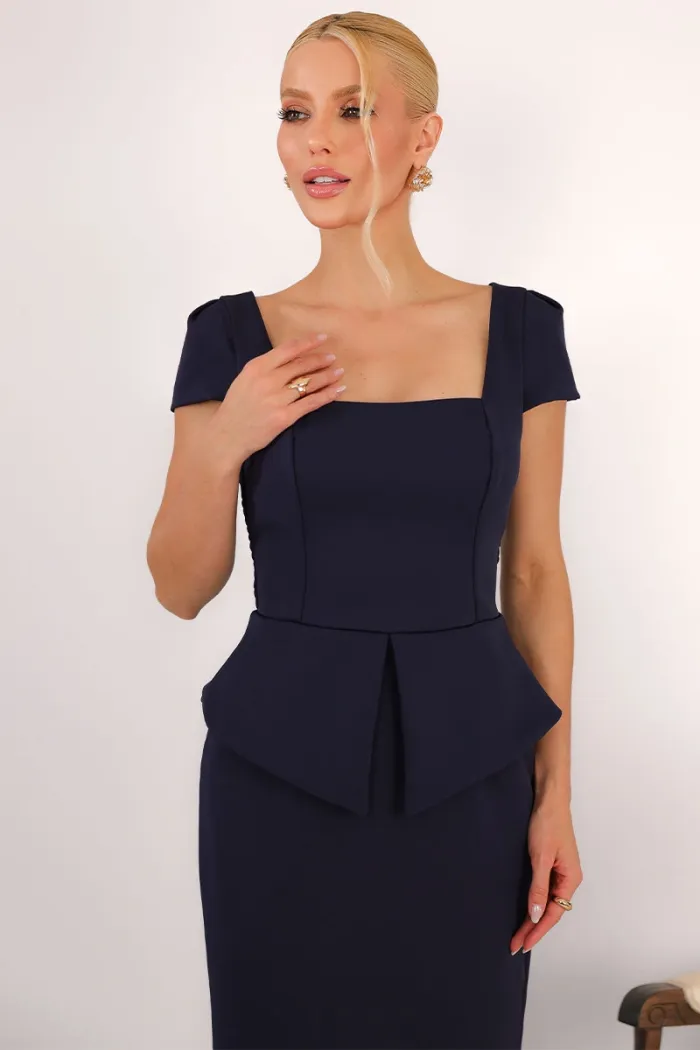 VESTIDO MIDI MAVIE TUBINHO MANGA CURTA PEPLUM - AZUL MARINHO