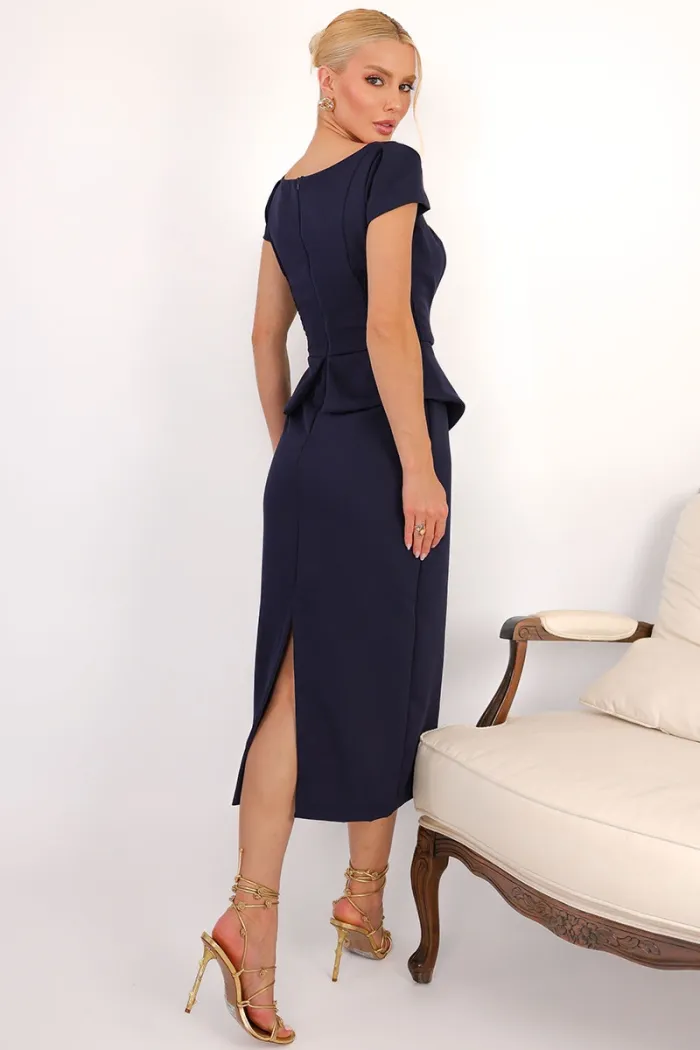 VESTIDO MIDI MAVIE TUBINHO MANGA CURTA PEPLUM - AZUL MARINHO