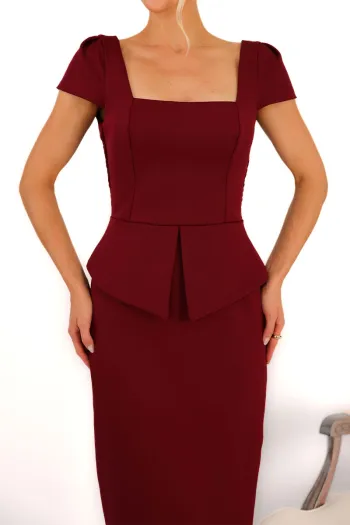 VESTIDO MIDI MAVIE TUBINHO MANGA CURTA PEPLUM - VINHO