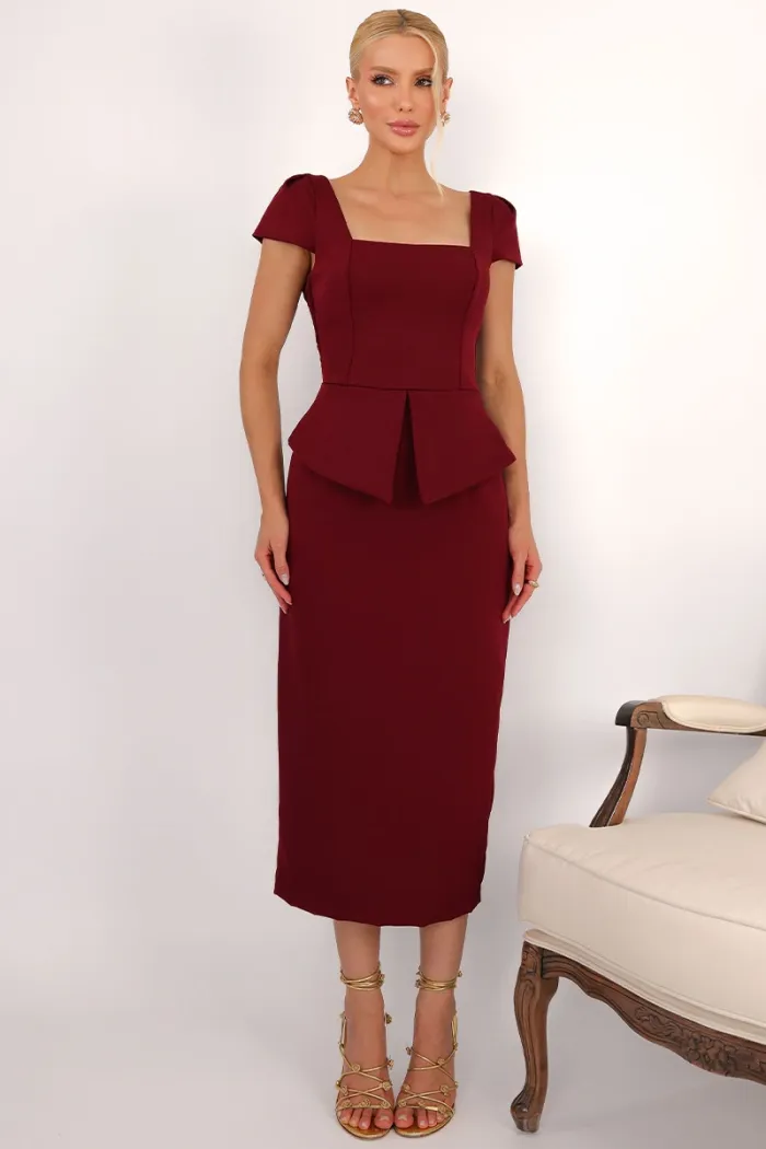 VESTIDO MIDI MAVIE TUBINHO MANGA CURTA PEPLUM - VINHO