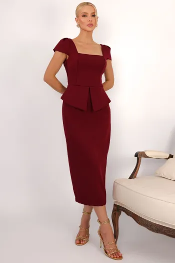 VESTIDO MIDI MAVIE TUBINHO MANGA CURTA PEPLUM - VINHO