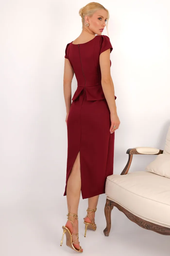 VESTIDO MIDI MAVIE TUBINHO MANGA CURTA PEPLUM - VINHO