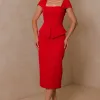 VESTIDO MIDI MAVIE TUBINHO MANGA CURTA PEPLUM - VERMELHO