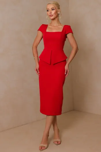 VESTIDO MIDI MAVIE TUBINHO MANGA CURTA PEPLUM - VERMELHO