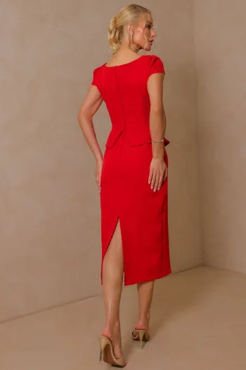 VESTIDO MIDI MAVIE TUBINHO MANGA CURTA PEPLUM - VERMELHO