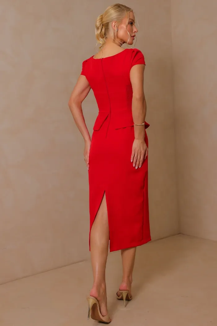 VESTIDO MIDI MAVIE TUBINHO MANGA CURTA PEPLUM - VERMELHO