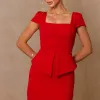 VESTIDO MIDI MAVIE TUBINHO MANGA CURTA PEPLUM - VERMELHO