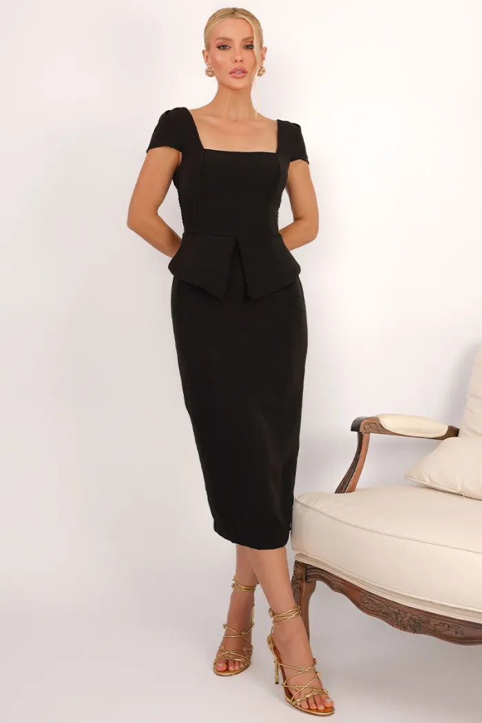 VESTIDO MIDI MAVIE TUBINHO MANGA CURTA PEPLUM - PRETO
