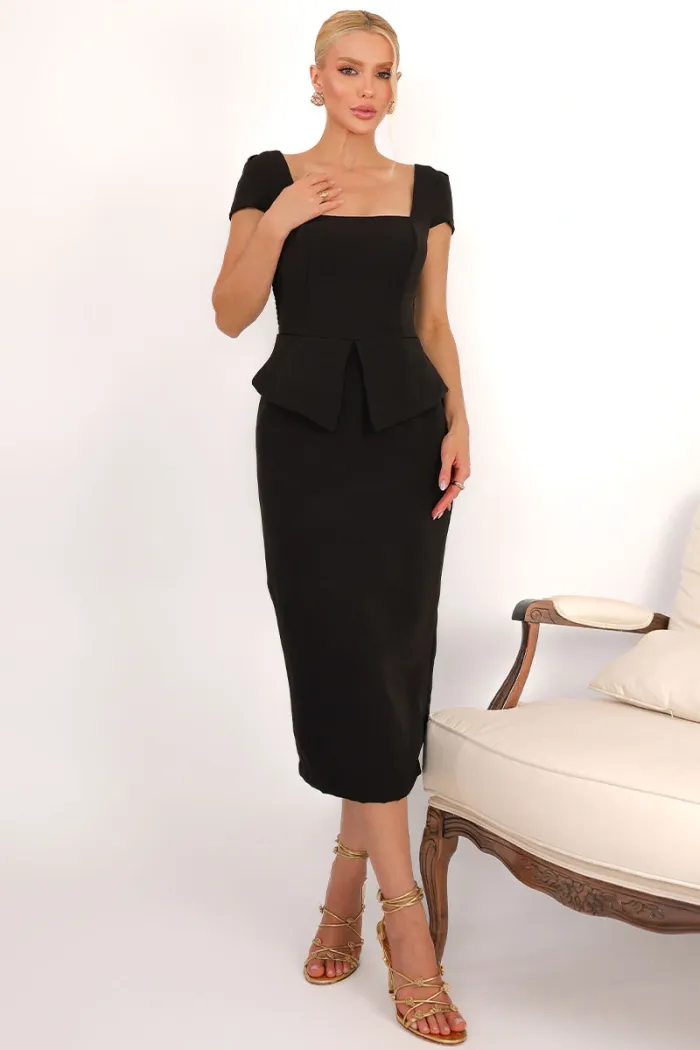VESTIDO MIDI MAVIE TUBINHO MANGA CURTA PEPLUM - PRETO