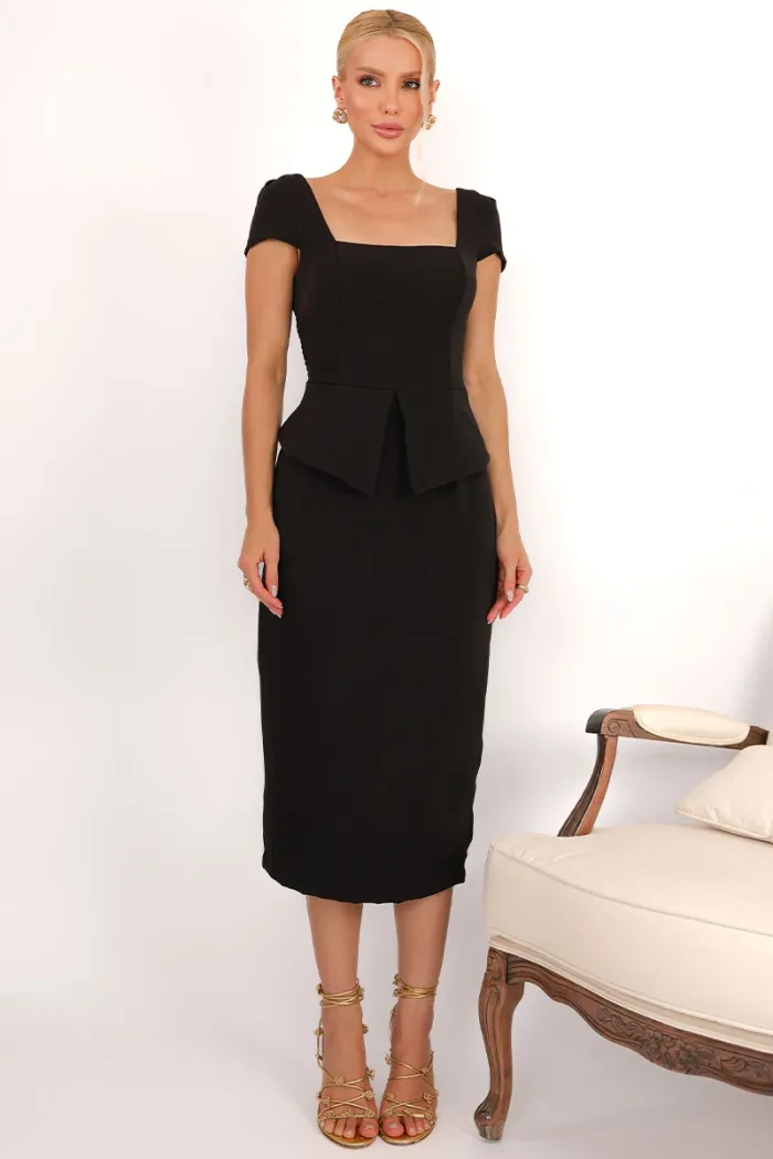 VESTIDO MIDI MAVIE TUBINHO MANGA CURTA PEPLUM - PRETO