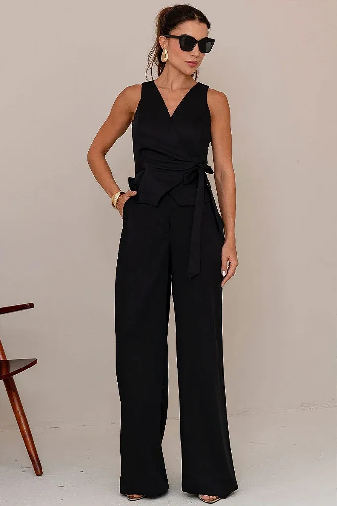 CONJUNTO MELINA CALÇA COM BLUSA TRANSPASSADA - PRETO