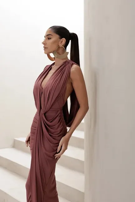 VESTIDO LONGO JERSEY DRAPEADO - ROSA SECO