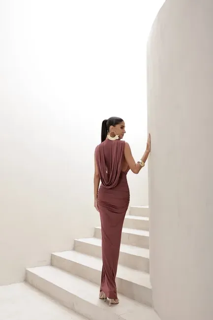 VESTIDO LONGO JERSEY DRAPEADO - ROSA SECO