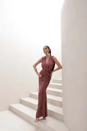 VESTIDO LONGO JERSEY DRAPEADO - ROSA SECO