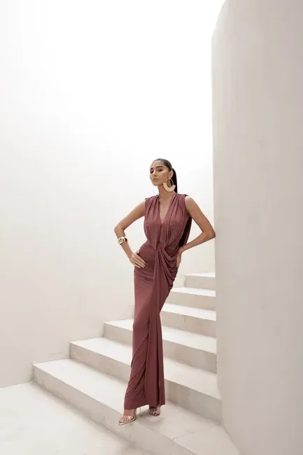 VESTIDO LONGO JERSEY DRAPEADO - ROSA SECO