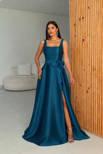 VESTIDO DE FESTA ATLANTA DECOTE RETO ZIBELINE - AZUL PETRÓLEO