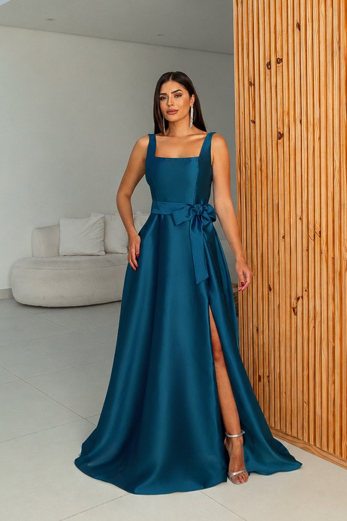 VESTIDO DE FESTA ATLANTA DECOTE RETO ZIBELINE - AZUL PETRÓLEO