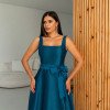 VESTIDO DE FESTA ATLANTA DECOTE RETO ZIBELINE - AZUL PETRÓLEO
