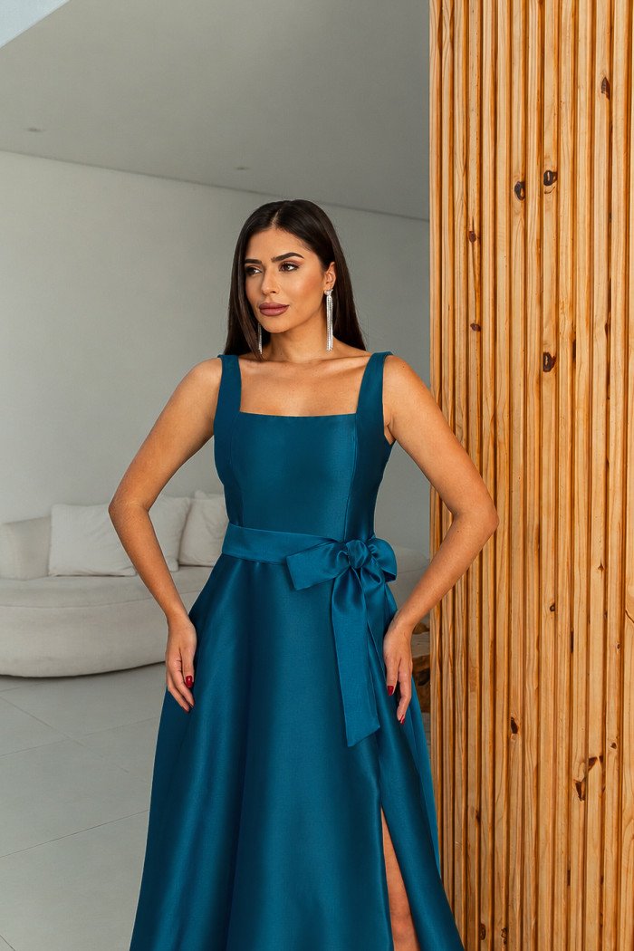 VESTIDO DE FESTA ATLANTA DECOTE RETO ZIBELINE - AZUL PETRÓLEO