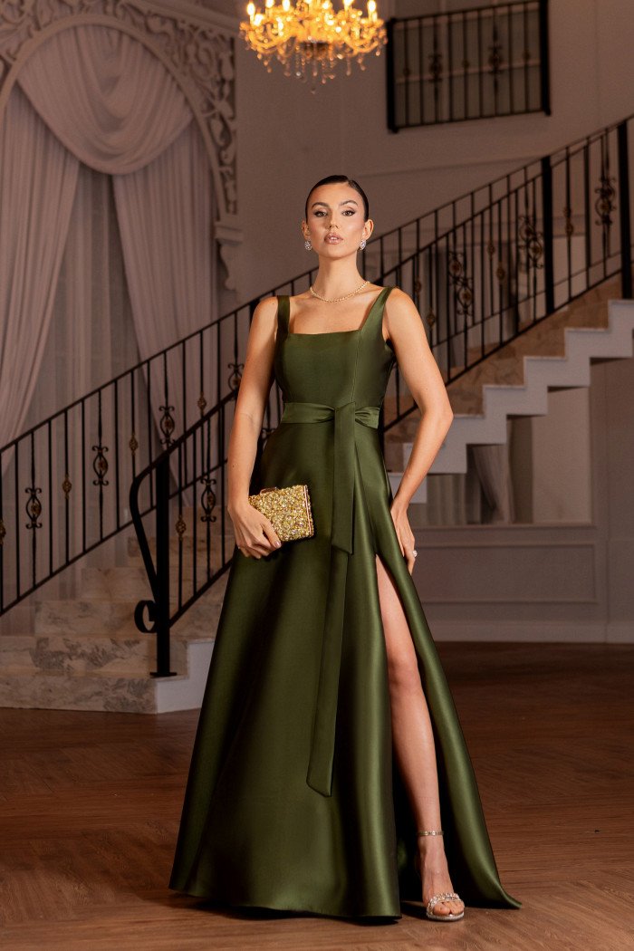 VESTIDO DE FESTA ATLANTA DECOTE RETO ZIBELINE - VERDE OLIVA