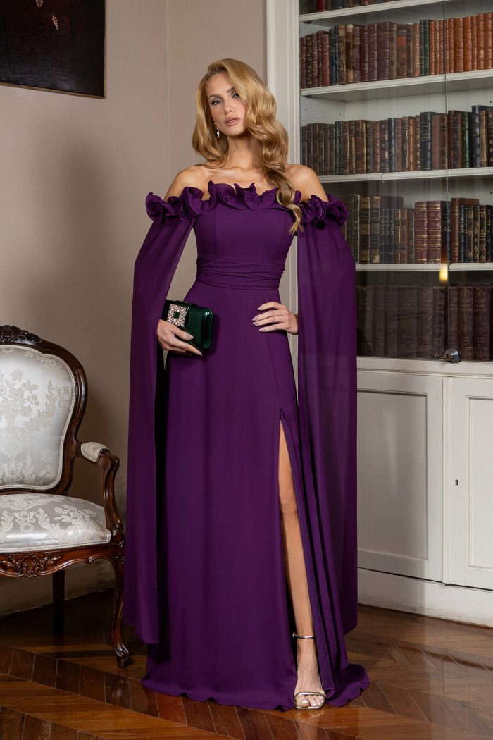 VESTIDO DE FESTA IBIZA OMBRO A OMBRO BABADO BUSTO - ROXO