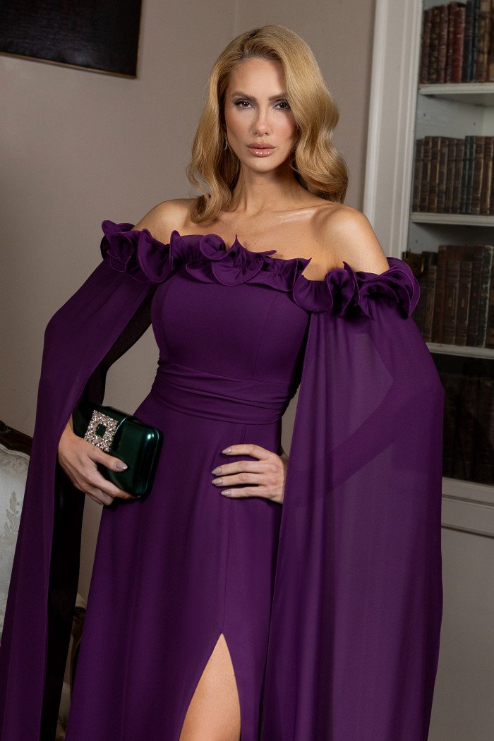 VESTIDO DE FESTA IBIZA OMBRO A OMBRO BABADO BUSTO - ROXO