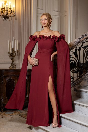 VESTIDO DE FESTA IBIZA OMBRO A OMBRO BABADO BUSTO - MARSALA