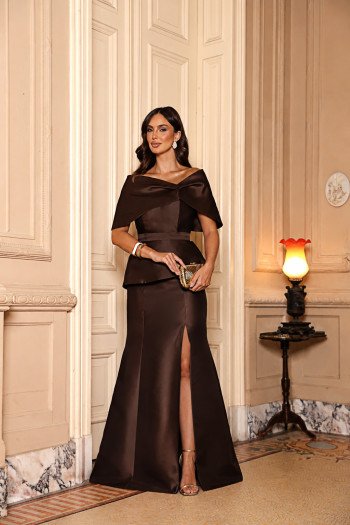 VESTIDO DE FESTA ÍSIS T.Q.C. ZIBELINE COM CAPA AVULSA - MARROM