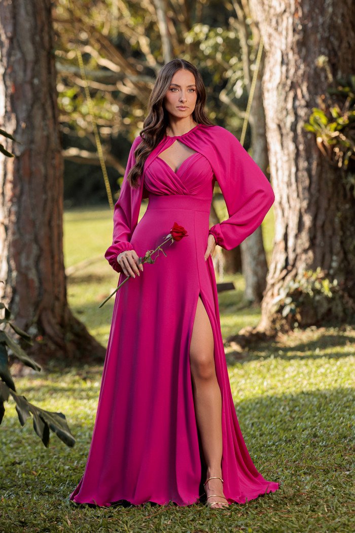VESTIDO DE FESTA MARCELLE COM CAPA REMOVÍVEL - FÚCSIA