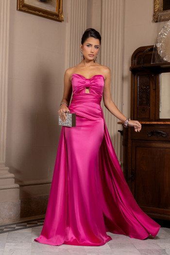 VESTIDO DE FESTA MONALISA SAIA SEREIA CREPE VOGUE T.Q.C - FÚCSIA