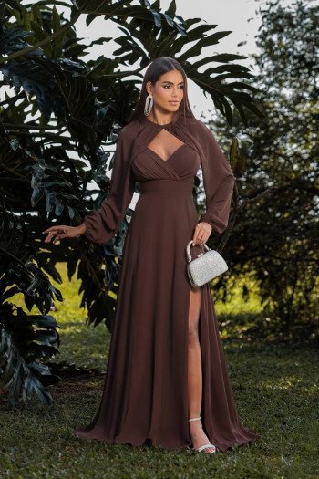 VESTIDO DE FESTA MARCELLE COM CAPA REMOVÍVEL - MARROM