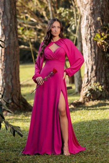 VESTIDO DE FESTA MARCELLE COM CAPA REMOVÍVEL - FÚCSIA
