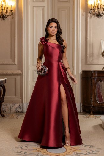VESTIDO DE FESTA CLÁUDIA ZIBELINE UM OMBRO FLOR - MARSALA