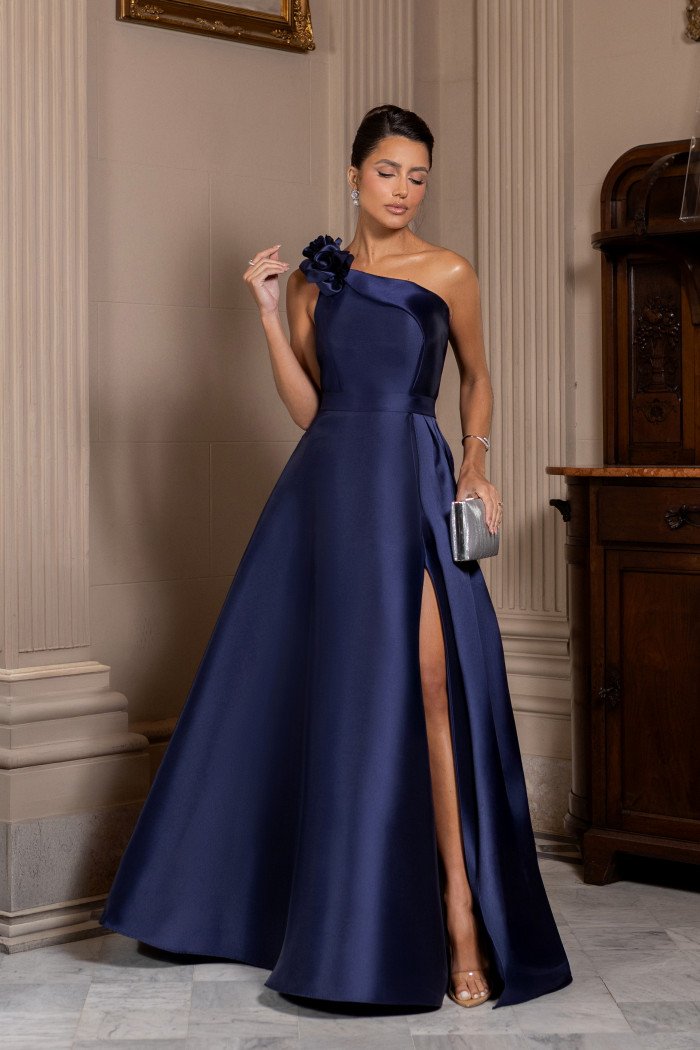 VESTIDO DE FESTA CLÁUDIA ZIBELINE UM OMBRO FLOR - AZUL MARINHO