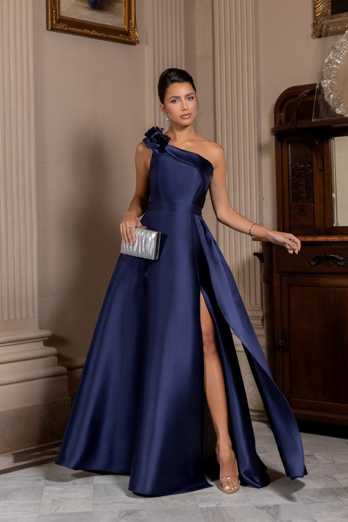 VESTIDO DE FESTA CLÁUDIA ZIBELINE UM OMBRO FLOR - AZUL MARINHO