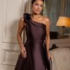 VESTIDO DE FESTA CLÁUDIA ZIBELINE UM OMBRO FLOR - AZUL MARROM