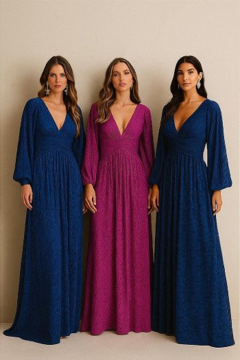 VESTIDO DE FESTA HELOISE RENDA MANGA LONGA - AZUL MARINHO