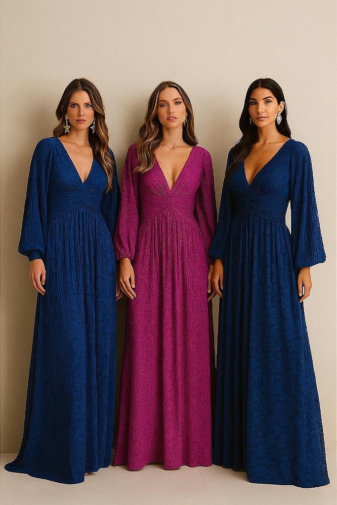 VESTIDO DE FESTA HELOISE RENDA MANGA LONGA - AZUL MARINHO
