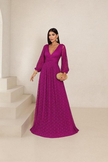 VESTIDO DE FESTA HELOISE RENDA MANGA LONGA - FÚCSIA