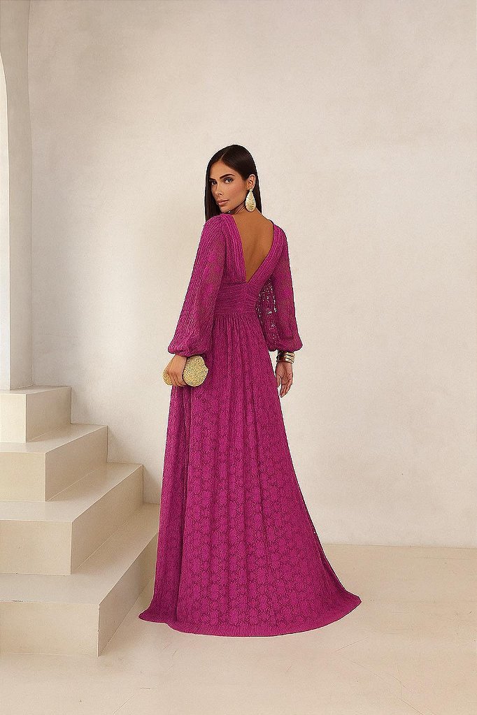 VESTIDO DE FESTA HELOISE RENDA MANGA LONGA - FÚCSIA