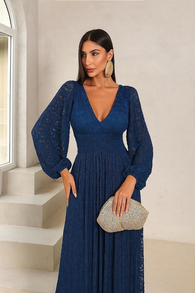 VESTIDO DE FESTA HELOISE RENDA MANGA LONGA - AZUL MARINHO