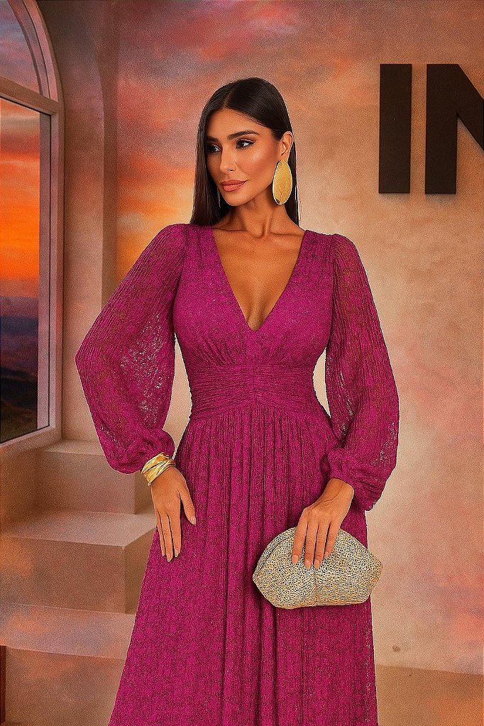 VESTIDO DE FESTA HELOISE RENDA MANGA LONGA - FÚCSIA