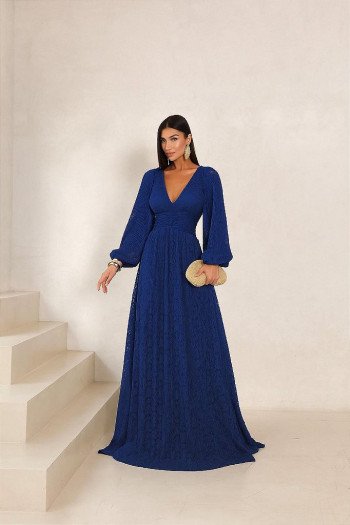 VESTIDO DE FESTA HELOISE RENDA MANGA LONGA - AZUL MARINHO