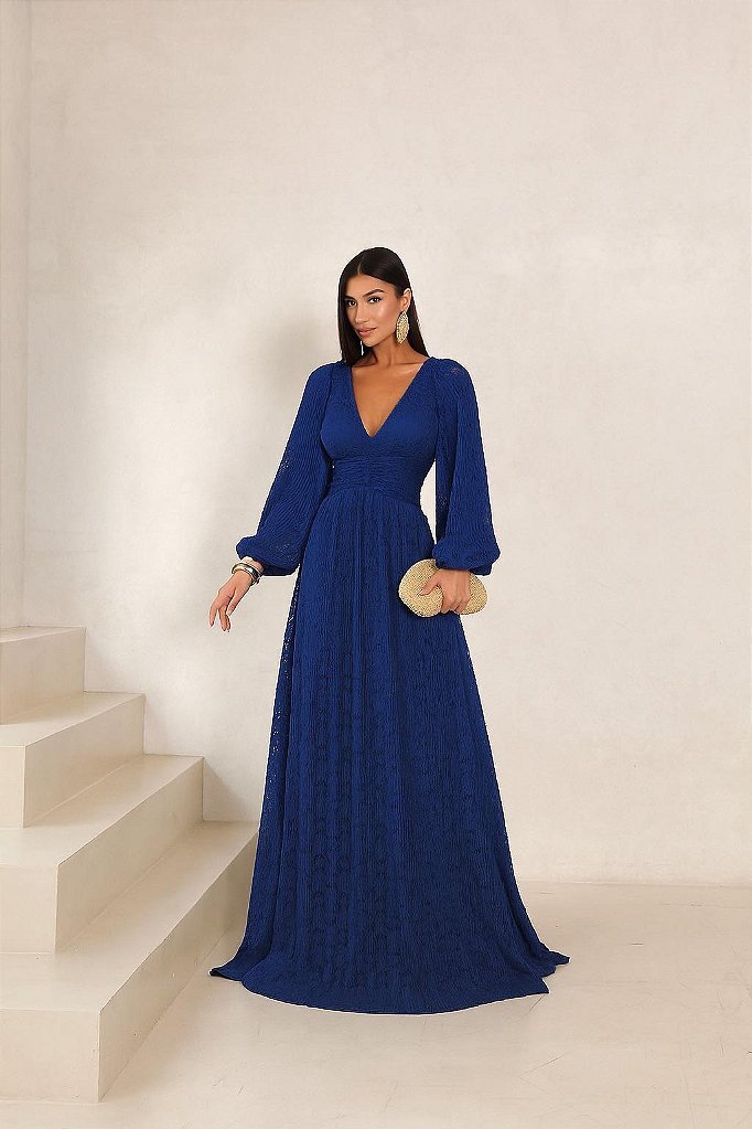 VESTIDO DE FESTA HELOISE RENDA MANGA LONGA - AZUL MARINHO